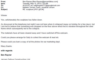 email that the sculpture has fallen